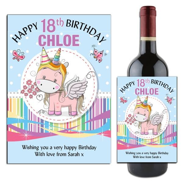 Personalised Rainbow Unicorn Happy Birthday Wine / Champagne Bottle Label N156 - Any Age