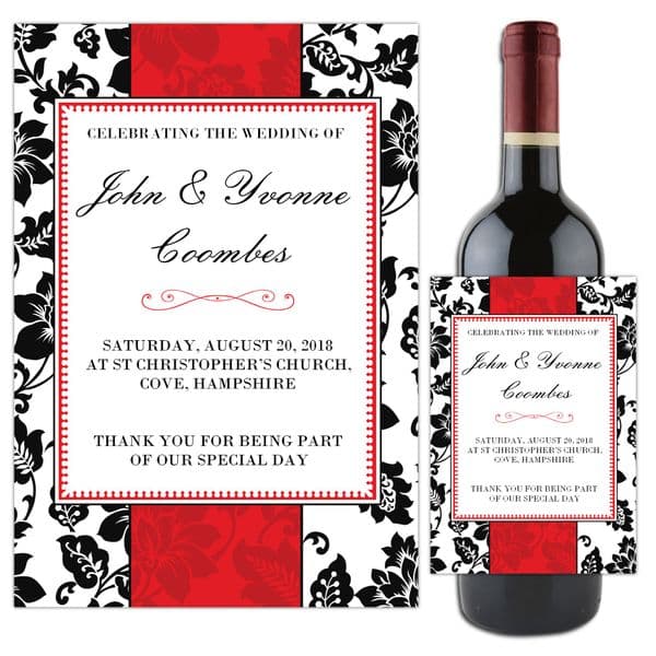Personalised Red and Black Wedding Table Favour Wine / Champagne Bottle Label N48