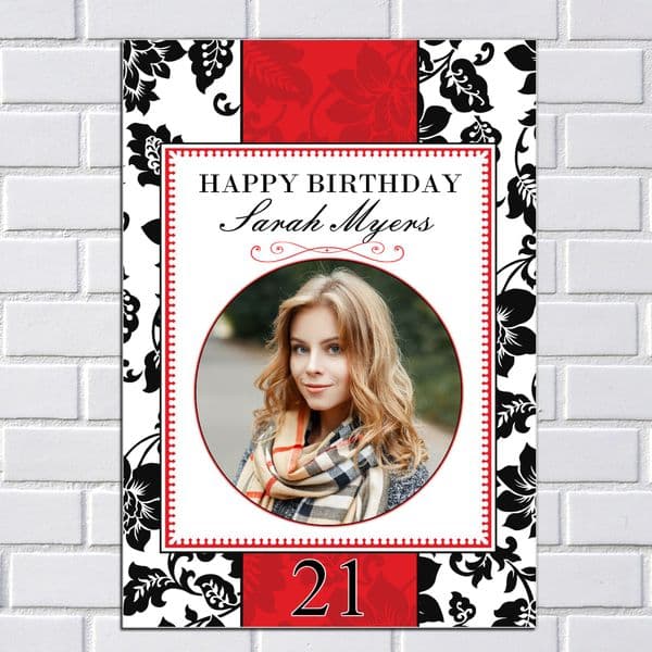Personalised Red & Black Floral Birthday Party PHOTO Banner Poster N40