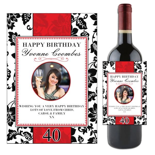 Personalised Red & Black Floral Happy Birthday Wine / Champagne Bottle PHOTO Label N49