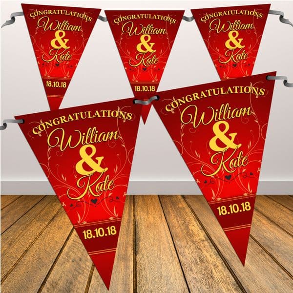 Personalised Red & Gold Wedding / Ruby Anniversary Engagement Flag Banner Bunting - N7