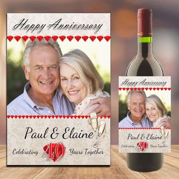 Personalised Ruby 40th Wedding Anniversary PHOTO Wine / Champagne Bottle Label N94