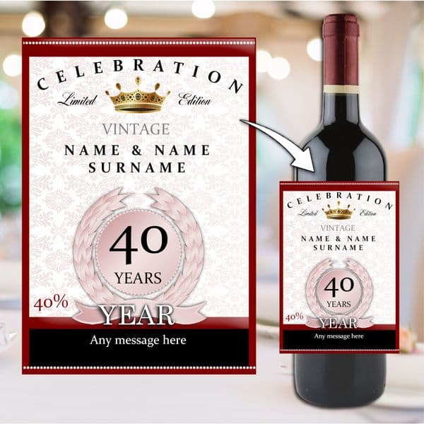 Personalised Ruby 40th Wedding Anniversary Wine / Champagne Bottle Label N34