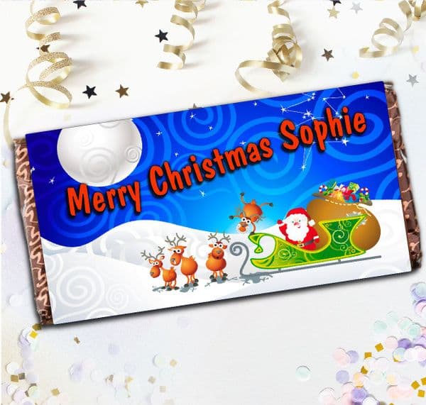 Personalised Santas Sleigh Merry Christmas Milk Chocolate Bar -Xmas Eve Stocking Filler Gift N23