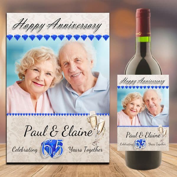 Personalised Sapphire 65th Wedding Anniversary PHOTO Wine / Champagne Bottle Label N93
