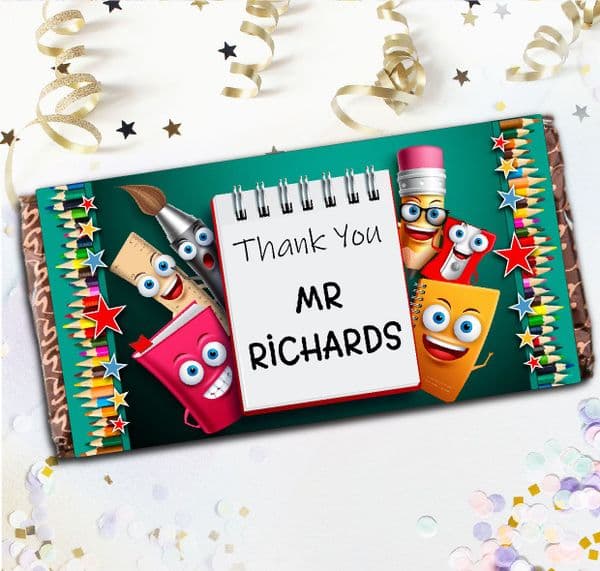 Personalised School Teacher Thank you Milk Chocolate Bar - Stationery Faces Gift N133
