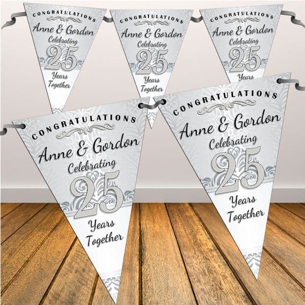 Personalised Silver 25th Wedding Anniversary Celebration Flag Banner Bunting - N48