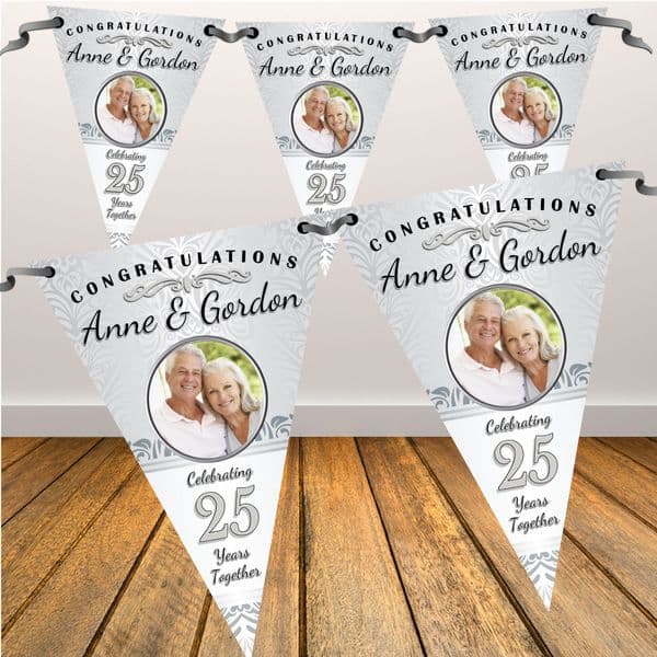 Personalised Silver 25th Wedding Anniversary Celebration PHOTO Flag Banner Bunting - N58