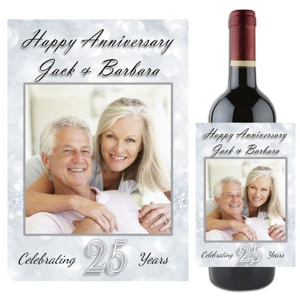 Personalised Silver 25th Wedding Anniversary PHOTO Wine / Champagne Bottle Label N90