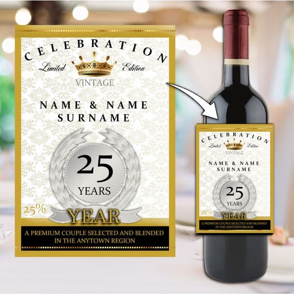 Personalised Silver 25th Wedding Anniversary Wine / Champagne Bottle Label N13