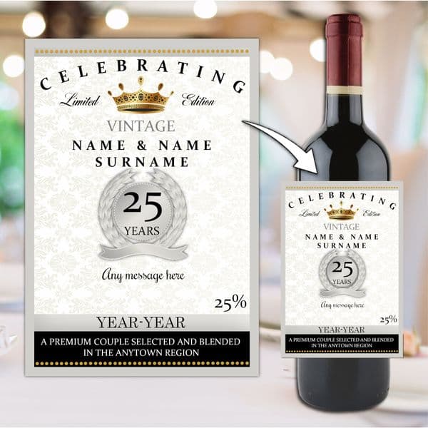 Personalised Silver 25th Wedding Anniversary Wine / Champagne Bottle Label N15