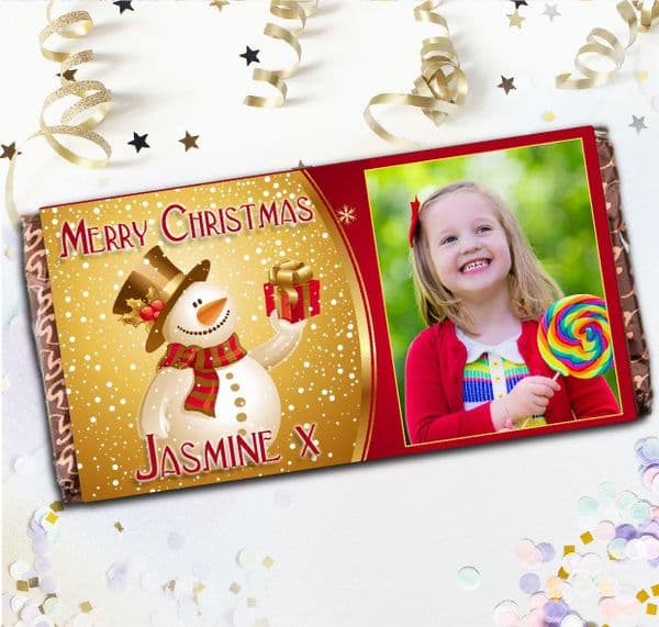 Personalised Snowman Merry Christmas Milk Chocolate Bar - Xmas Eve Stocking Filler Gift N24