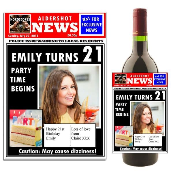 Personalised Spoof Newspaper Happy Birthday Wine / Champagne Bottle PHOTO Label N39