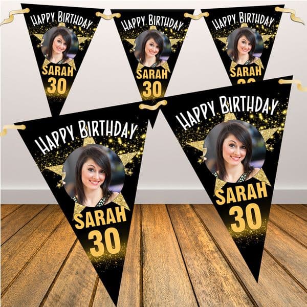 Personalised Star Sparkle Happy Birthday Flag PHOTO Bunting Banner - N85 ANY AGE