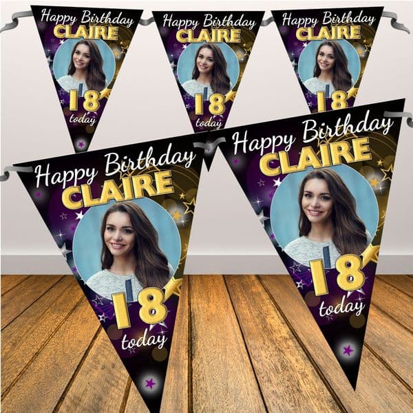 Personalised Stars Happy Birthday Flag PHOTO Bunting Banner - N73 ANY AGE