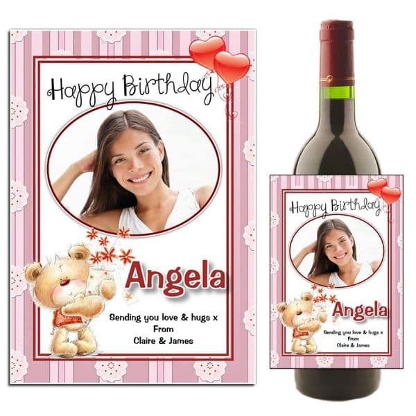 Personalised Teddy Bear Happy Birthday Wine / Champagne Bottle PHOTO Label N44