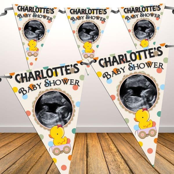 Personalised Unisex Yellow Duck Baby Shower Flag PHOTO Bunting Banner - N34