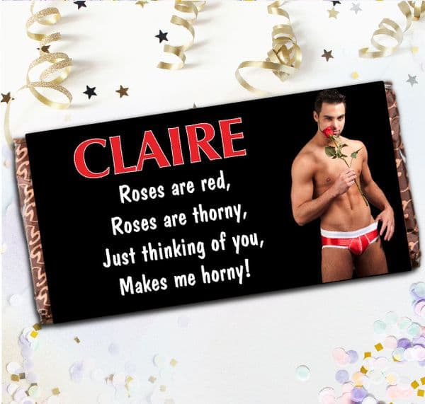 Personalised Valentines Day Milk Chocolate Bar - Sexy Man with rose Joke Humour Novelty Gift N97