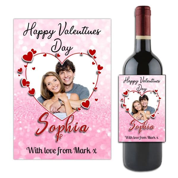 Personalised Valentines Day Photo Loveheart Wine / Champagne Bottle Label for him her N181