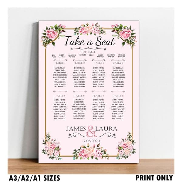 Personalised Wedding Table Seating Plan N215 ~ Names Numbers Large Pink Roses Print A1 A2 A3 Size