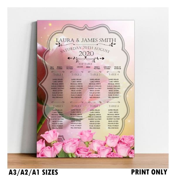 Personalised Wedding Table Seating Plan Names Numbers Large Pink Roses Print A1 A2 A3 N160
