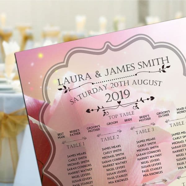 Personalised Wedding Table Seating Plan Names Numbers Large Pink Roses Print A1 A2 A3 N160