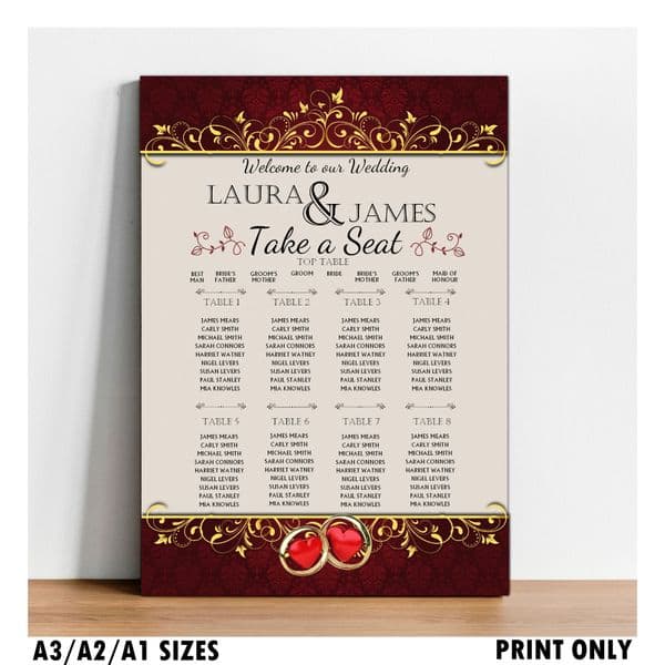 Personalised Wedding Table Seating Plan Names Numbers Large Red & Gold Print A1 A2 A3 N158