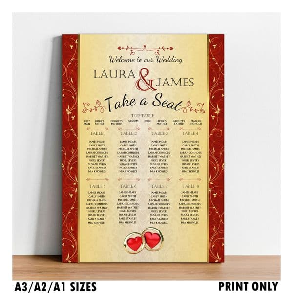 Personalised Wedding Table Seating Plan Names Numbers Large Red & Gold Print A1 A2 A3 N159