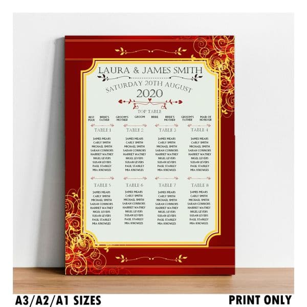 Personalised Wedding Table Seating Plan Names Numbers Large Red & Gold Print A1 A2 A3 N161
