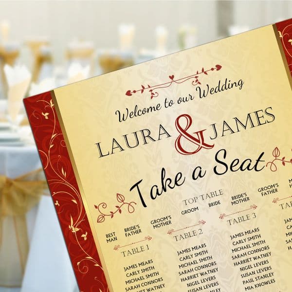 Personalised Wedding Table Seating Plan Names Numbers Large Red & Gold Print A1 A2 A3 N159