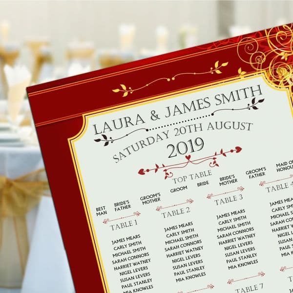 Personalised Wedding Table Seating Plan Names Numbers Large Red & Gold Print A1 A2 A3 N161
