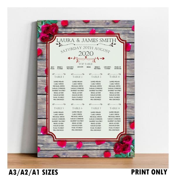 Personalised Wedding Table Seating Plan Names Numbers Large Red Roses on wood Print A1 A2 A3 N162