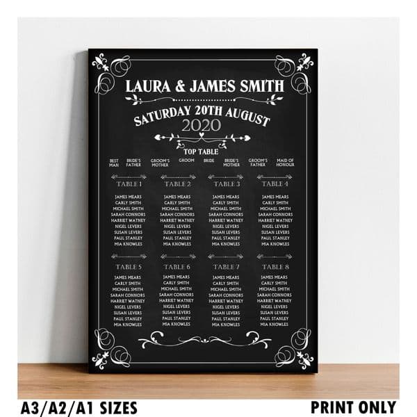 Personalised Wedding Table Seating Plan Vintage Chalkboard Style Names Numbers Large Print A1 A2 A3 N156