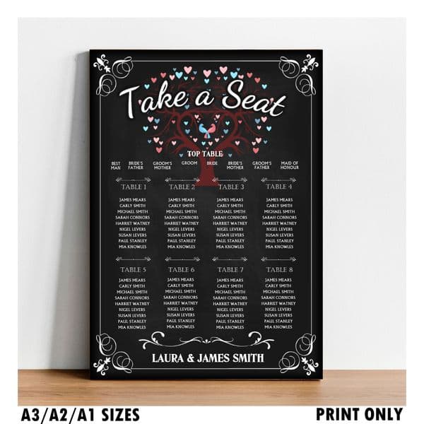 Personalised Wedding Table Seating Plan Vintage Chalkboard Style Names Numbers Large Print A1 A2 A3 N157