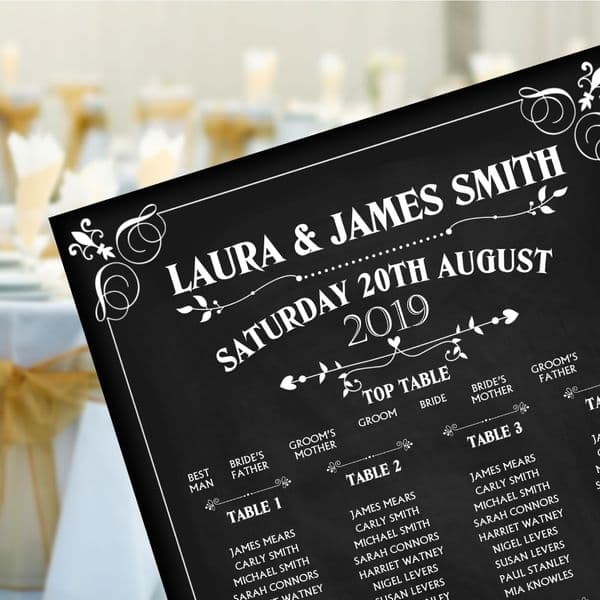 Personalised Wedding Table Seating Plan Vintage Chalkboard Style Names Numbers Large Print A1 A2 A3 N156