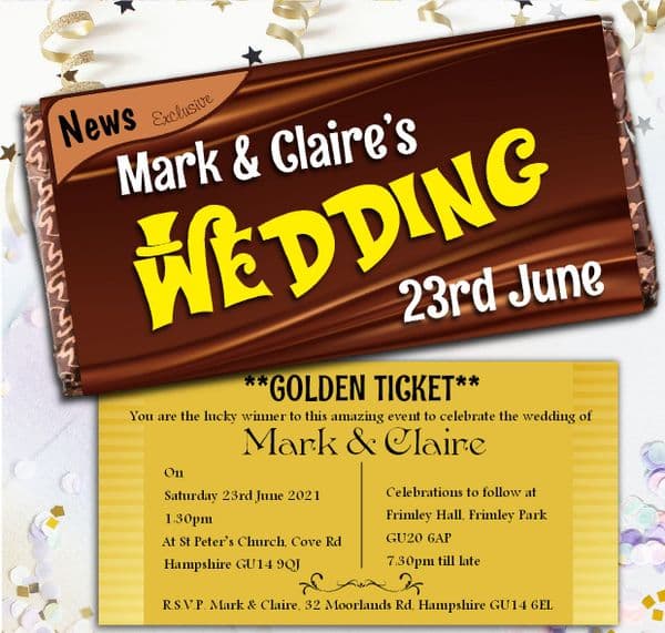 Personalised Wonka Style Golden Ticket Milk Chocolate Bar WEDDING / BIRTHDAY INVITATIONS N55