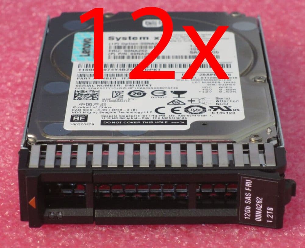 12x Lenovo SystemX 1.2TB 2.5" 10K SAS 12Gb/s G3HS HS 2.5" Internal HDD 00NA262