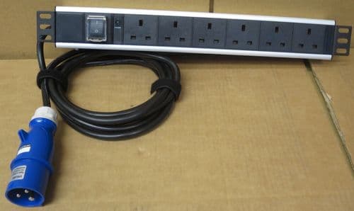 19" 1U Rackmount PDU 16Amp 250V Single Phase to 6-Way UK Output On/Off Switch 3M