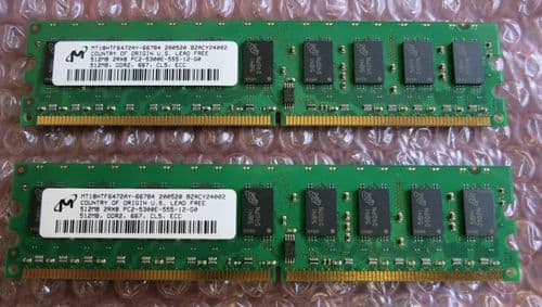 2 x Micron MT18HTF6472AY-667B4 512MB 2R-8 PC2-5300E DDR CL5 240 Pin ECC Memory