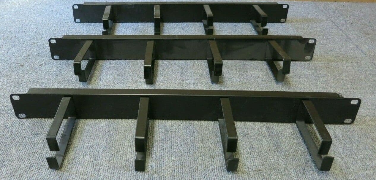 3 x Cable Tidy Bar Vertical Black 4 Ring / Hoops 19" 1U Data Rack