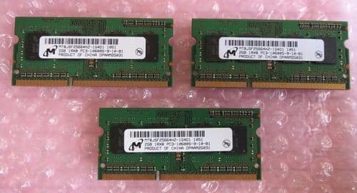 3 x Micron MT8JSF25664HZ-1G4D1 2GB PC3-10600 DDR3-1333MHz 204-Pin Laptop Memory