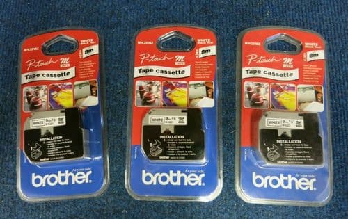 3 x New Brother M-K221BZ P-touch Labeling Tape Cassette White With Black Text 9m
