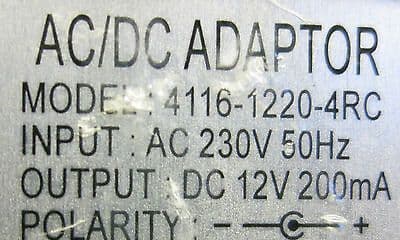 AC / DC Power Adapter 12V 200mA UK Plug - Model 4116-1220-4RC