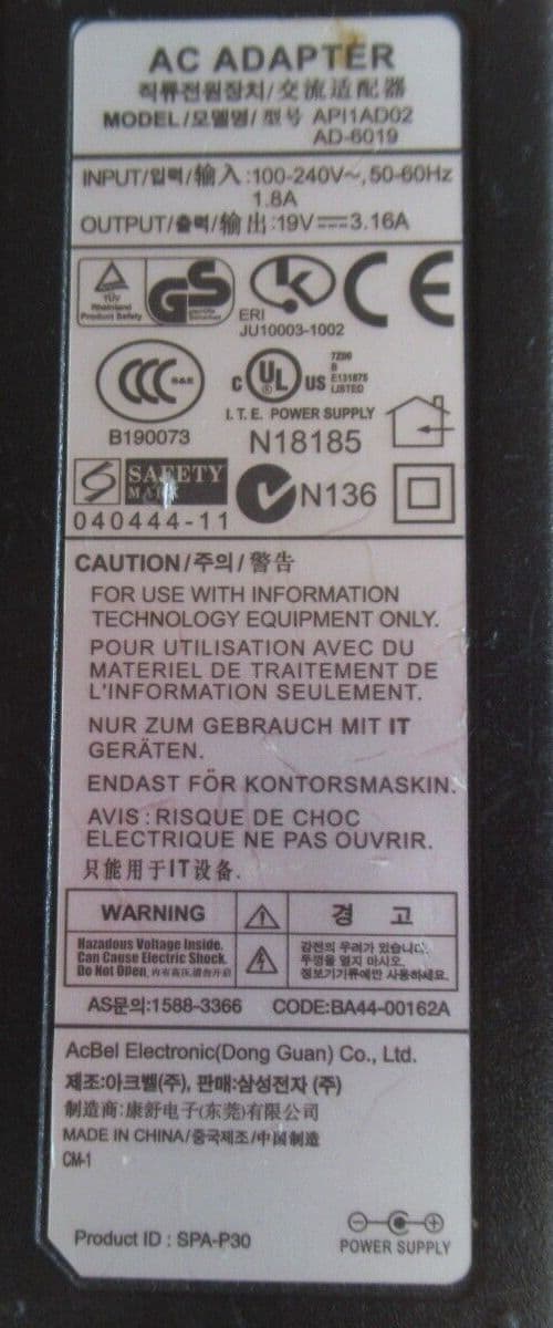 ACBel Electronic API1AD02 AD-6019 Laptop AC Power Adapter Charger 60W ...