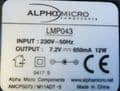 Alpha Micro AC Power Adapter input 230V 50Hz output 7.2V 650mA 12W - LMP043