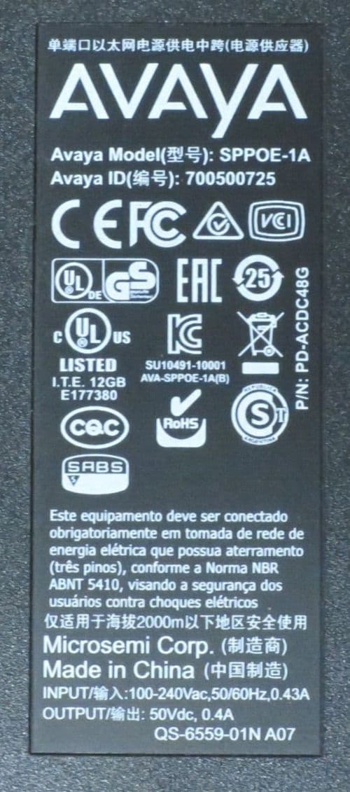 Avaya SPPOE-1A PoE Power Injector 100-240v 50V 0 4A 700500725 PD-ACDC48G