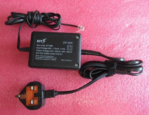 BT 877996 DP2000 UK Plug AC Adapter Input 230V 70mA Output 40V/80mA 42V/60mA