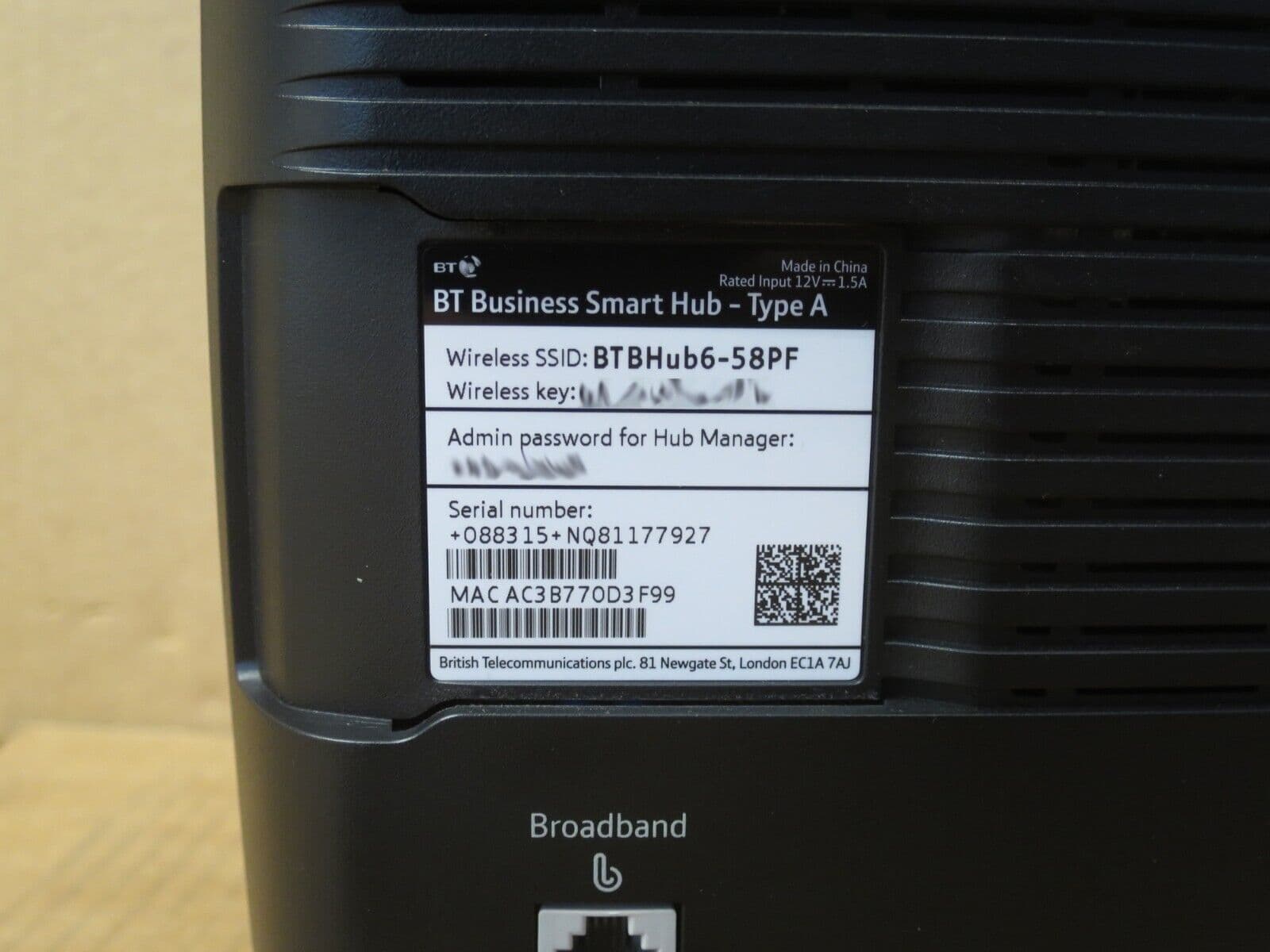 BT Business Smart Hub Type A 4-Port Ethernet Wireless WiFi Modem Router