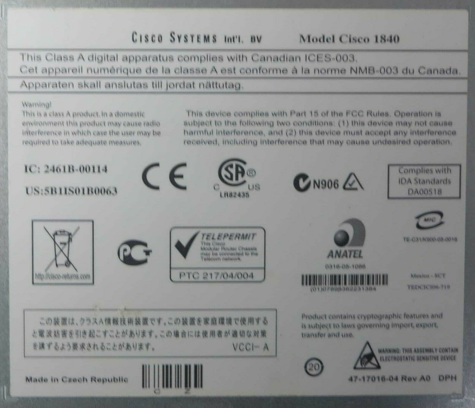 Cisco 1841 Integrated Service T1/E1 Router 1U Rackmount WIC 1T Module