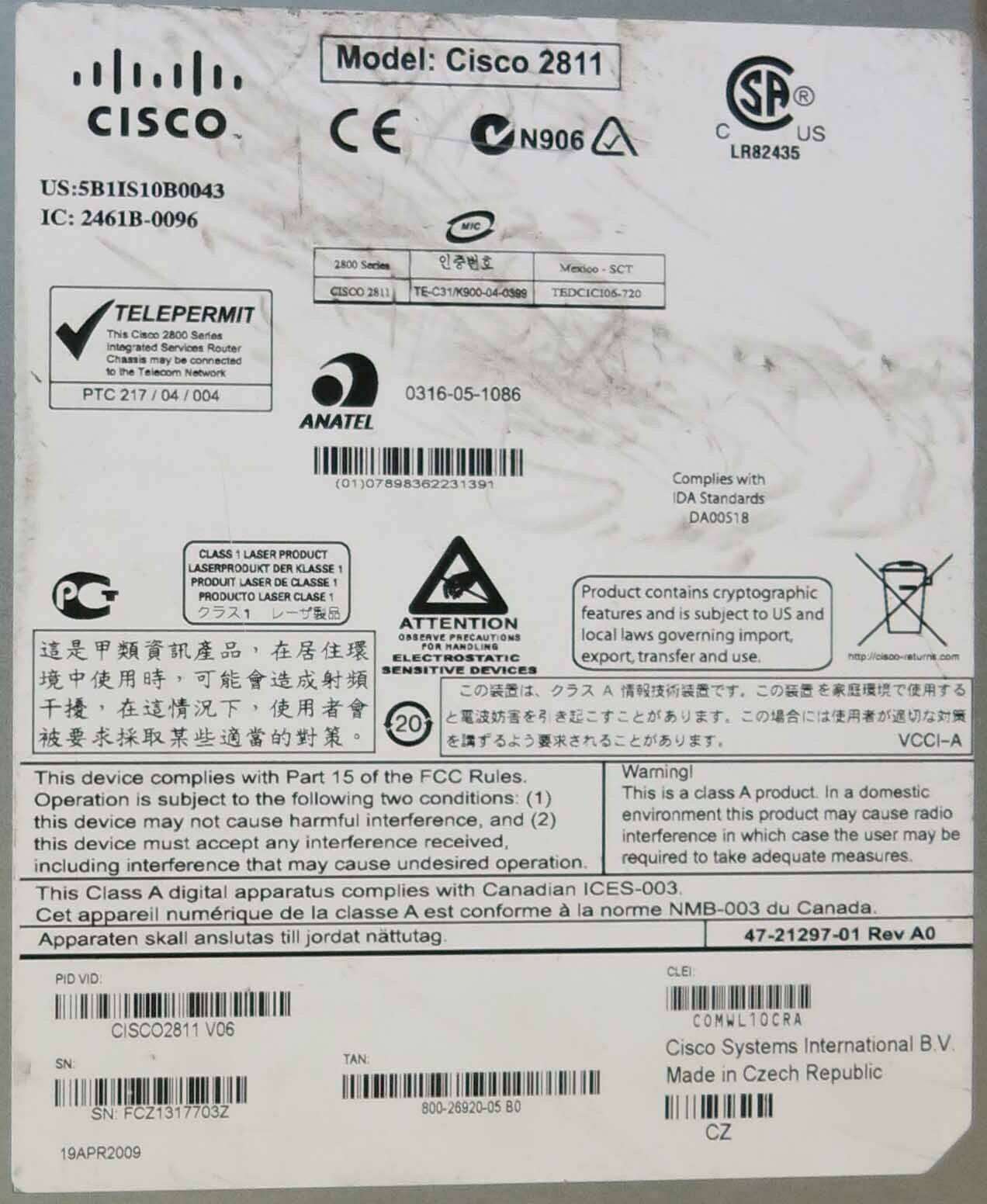 Cisco 2811 2800 Series ISR Integrated Services Router 10/100 Rackmount 1U